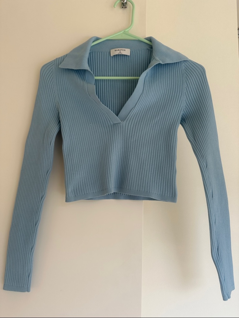 Babaton Powder Blue Ribbed V-Neck Collared Long Sleeve Top